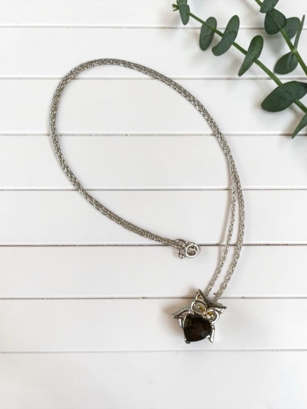 Sterling Silver 925 Smoky Quartz Owl Pendant Necklace Gold Tone Accents